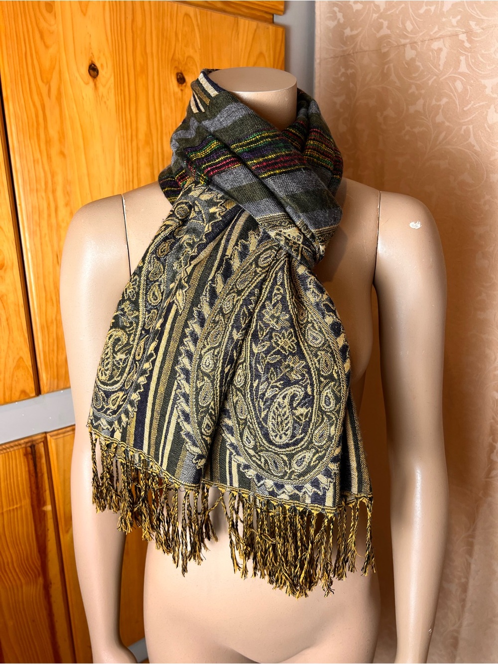 Earthy Green and Gold Paisley Boho Fall Scarf and Shawl with Fringe - 74"
